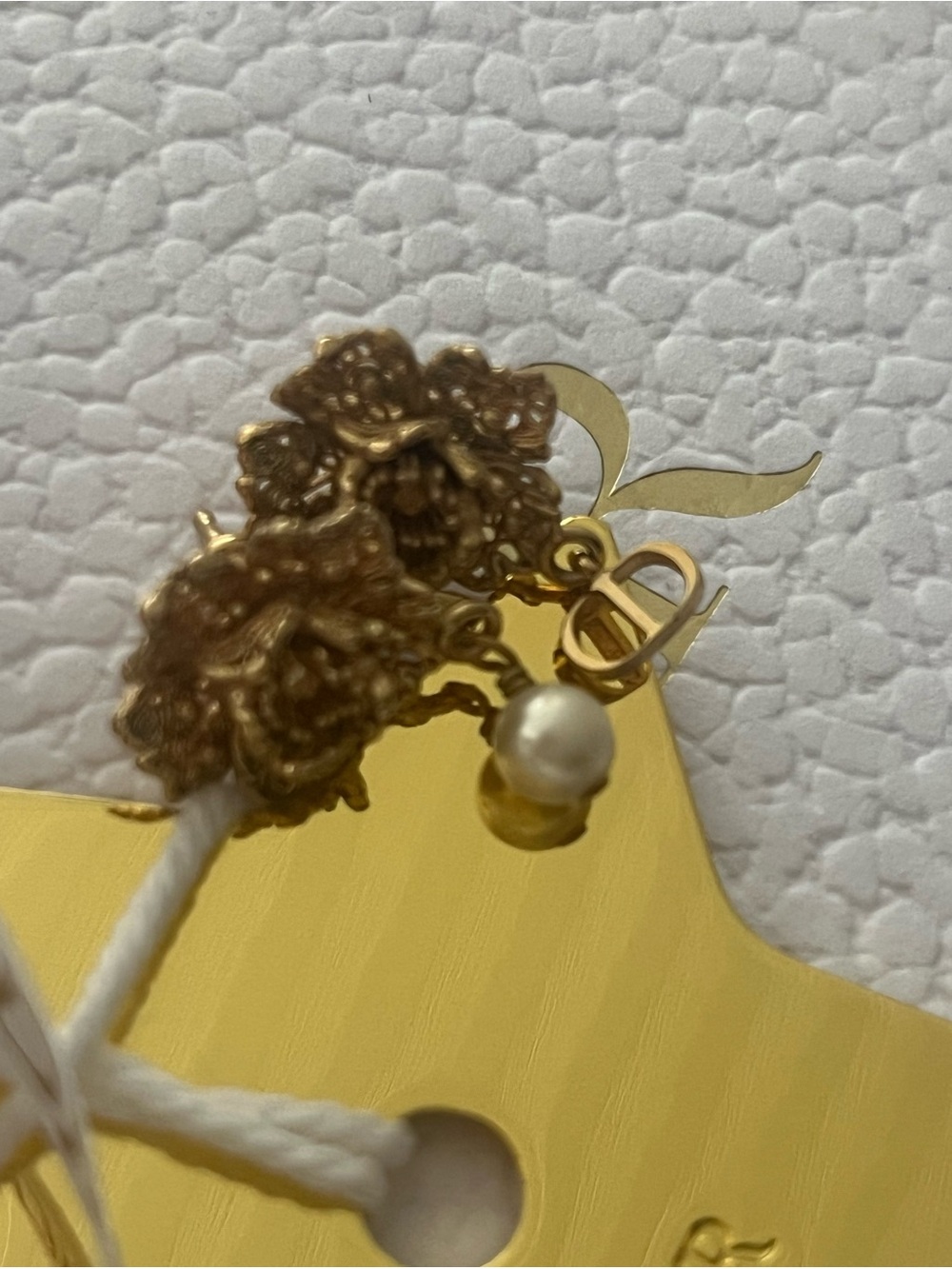 Dior Gold Floral Drop Earrings with Pearl Accent